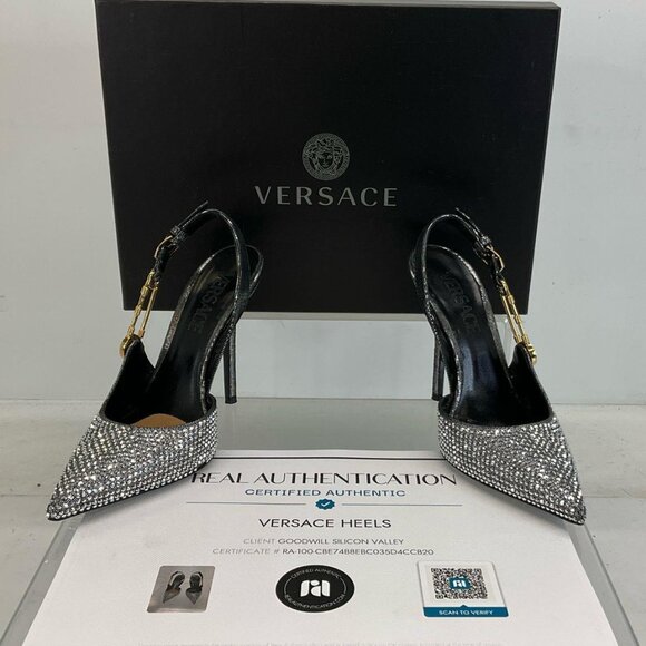 Versace Silver Gold Black Leather Bling Embellished Slingback Pumps 35.5 / US 5 - Picture 1 of 15